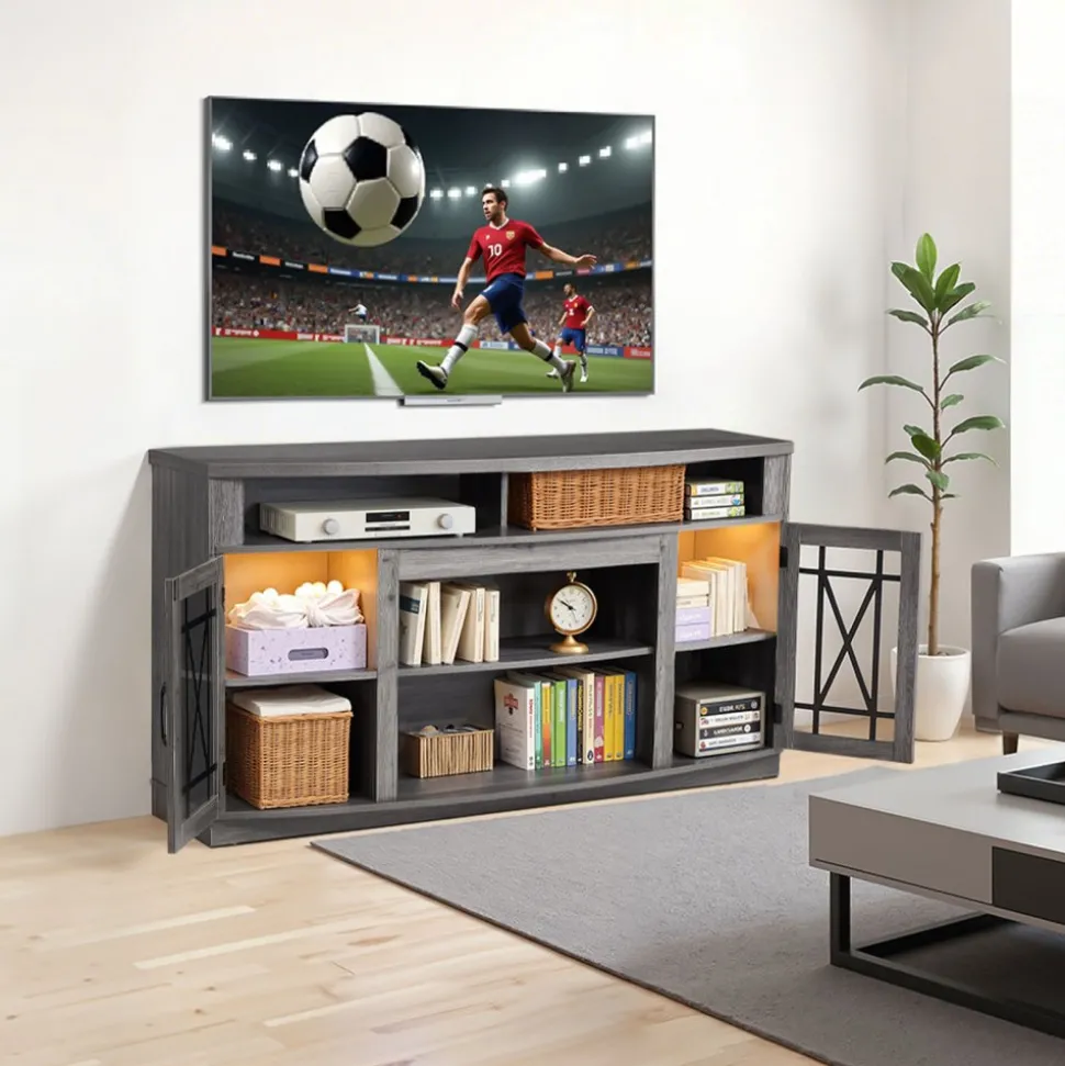 VEVOR TV Stand for TVs up to 65 inch, Modern Entertainment Center with Light Strip, Wooden TV Cabinet Storage with Glass Shelf and Adjustable Shelves, Console Table for Living Room and Bedroom, Black