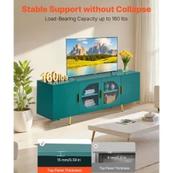 VEVOR TV Stand for TVs up to 75 inch, Modern Entertainment Center with Glass Doors and Gold Legs, TV Cabinet Storage with Adjustable Shelves, Media Console Table for Living Room and Bedroom, Green