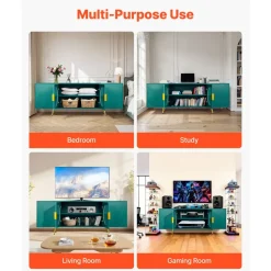 VEVOR TV Stand for TVs up to 75 inch, Modern Entertainment Center with Glass Doors and Gold Legs, TV Cabinet Storage with Adjustable Shelves, Media Console Table for Living Room and Bedroom, Green