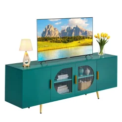 VEVOR TV Stand for TVs up to 75 inch, Modern Entertainment Center with Glass Doors and Gold Legs, TV Cabinet Storage with Adjustable Shelves, Media Console Table for Living Room and Bedroom, Green