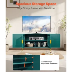 VEVOR TV Stand for TVs up to 75 inch, Modern Entertainment Center with Glass Doors and Gold Legs, TV Cabinet Storage with Adjustable Shelves, Media Console Table for Living Room and Bedroom, Green