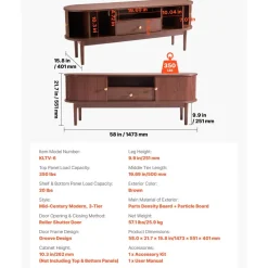 VEVOR TV Stand, Mid Century Modern Entertainment Center for TVs up to 58 in, 350 lbs Load Capacity, TV Media Console Table with Drawer, Open Storage Shelves & Rolling Door for Living Room, Bedroom