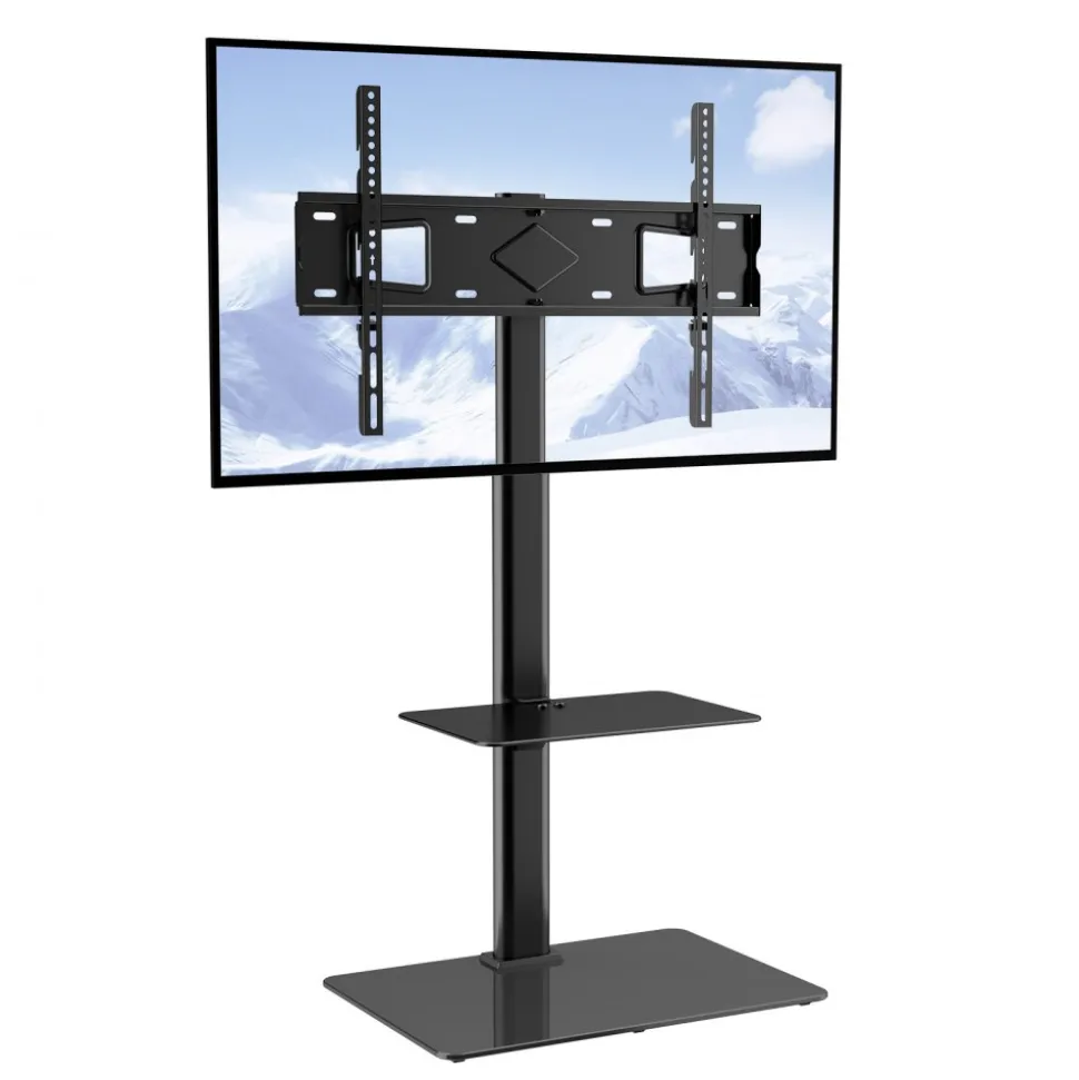 VEVOR TV Stand Mount, Swivel Tall TV Stand for 32 to 65 inch TVs, Height Adjustable Portable Floor TV Stand with Tempered Glass Base for Bedroom, Living Room