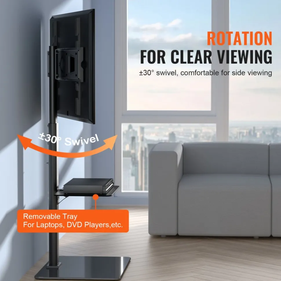 VEVOR TV Stand Mount, Swivel Tall TV Stand for 32 to 65 inch TVs, Height Adjustable Portable Floor TV Stand with Tempered Glass Base for Bedroom, Living Room