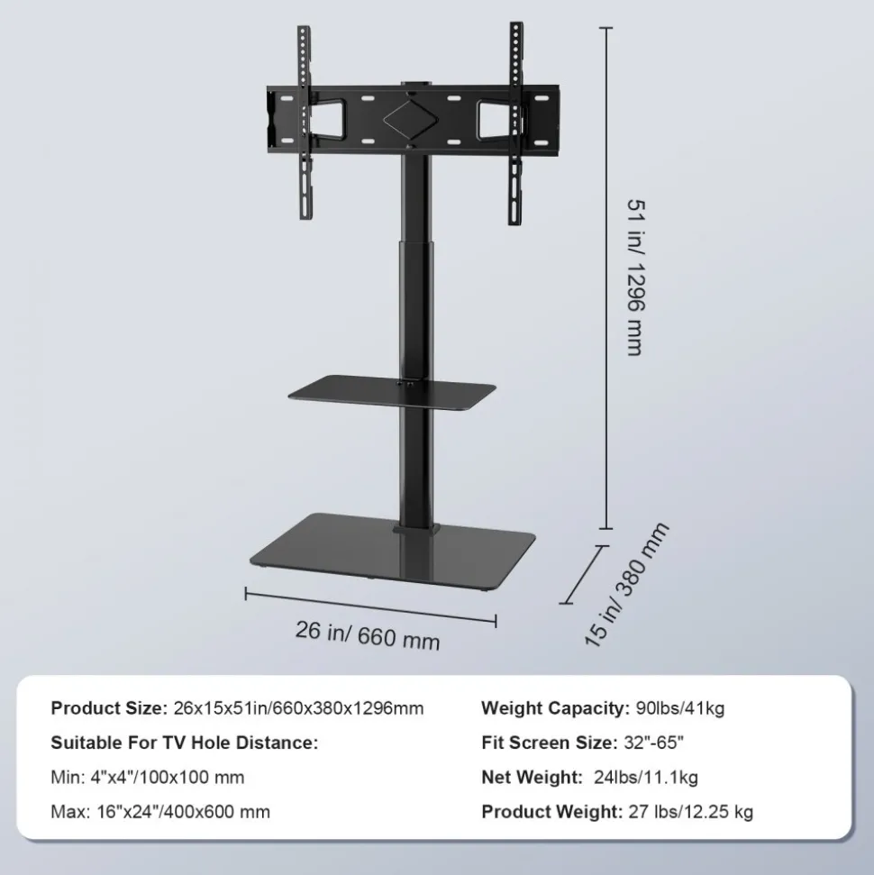 VEVOR TV Stand Mount, Swivel Tall TV Stand for 32 to 65 inch TVs, Height Adjustable Portable Floor TV Stand with Tempered Glass Base for Bedroom, Living Room