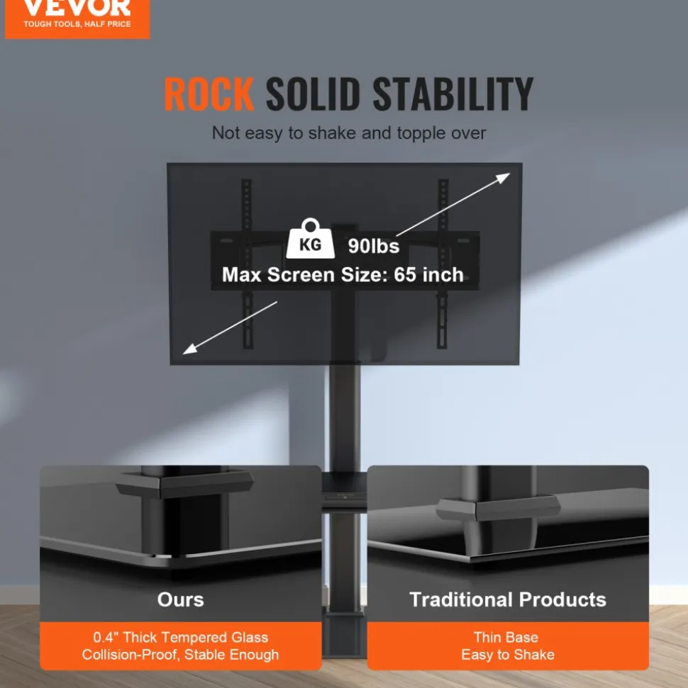 VEVOR TV Stand Mount, Swivel Tall TV Stand for 32 to 65 inch TVs, Height Adjustable Portable Floor TV Stand with Tempered Glass Base for Bedroom, Living Room