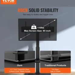 VEVOR TV Stand Mount, Swivel Tall TV Stand for 32 to 85 inch TVs, Height Adjustable Portable Floor TV Stand with Tempered Glass Base for Bedroom, Living Room
