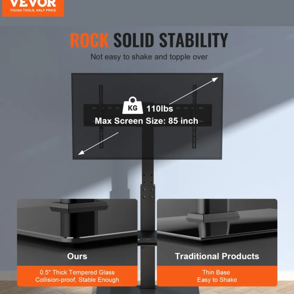 VEVOR TV Stand Mount, Swivel Tall TV Stand for 32 to 85 inch TVs, Height Adjustable Portable Floor TV Stand with Tempered Glass Base for Bedroom, Living Room