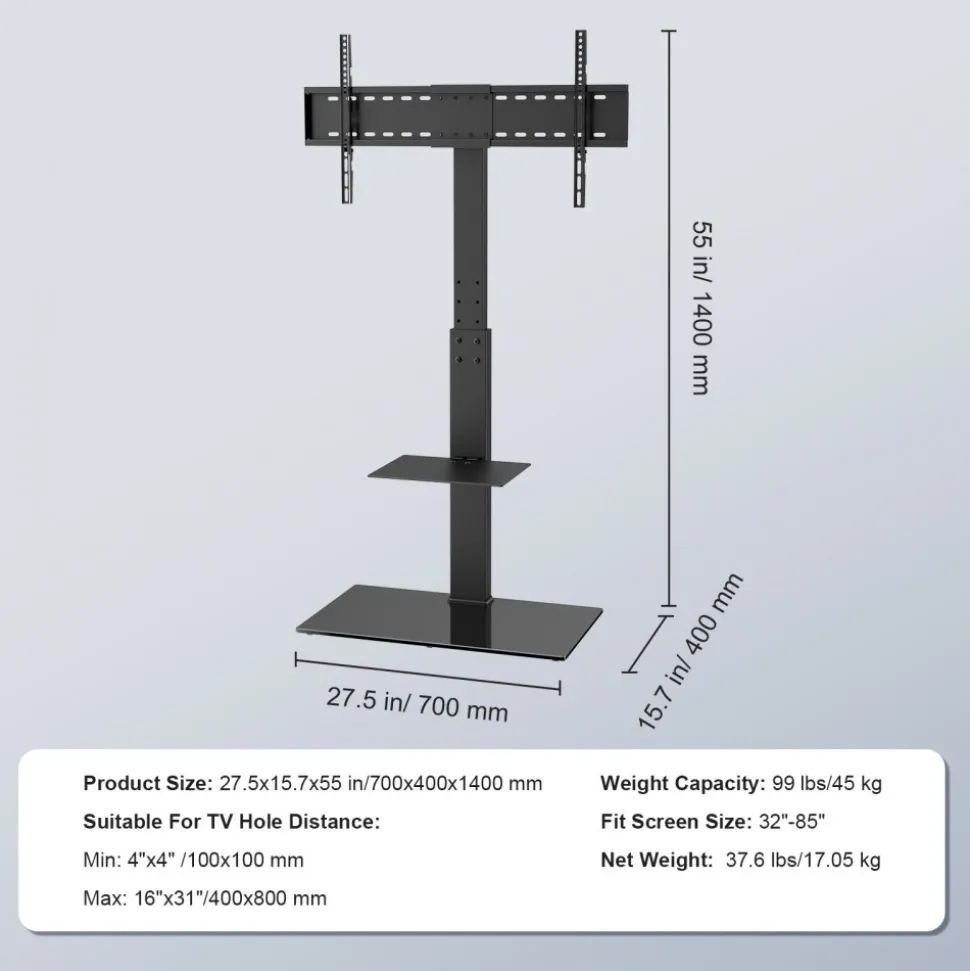 VEVOR TV Stand Mount, Swivel Tall TV Stand for 32 to 85 inch TVs, Height Adjustable Portable Floor TV Stand with Tempered Glass Base for Bedroom, Living Room