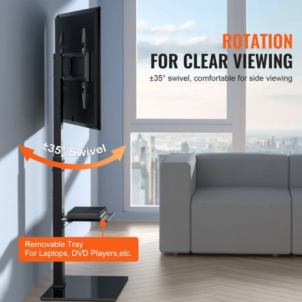 VEVOR TV Stand Mount, Swivel Tall TV Stand for 32 to 85 inch TVs, Height Adjustable Portable Floor TV Stand with Tempered Glass Base for Bedroom, Living Room
