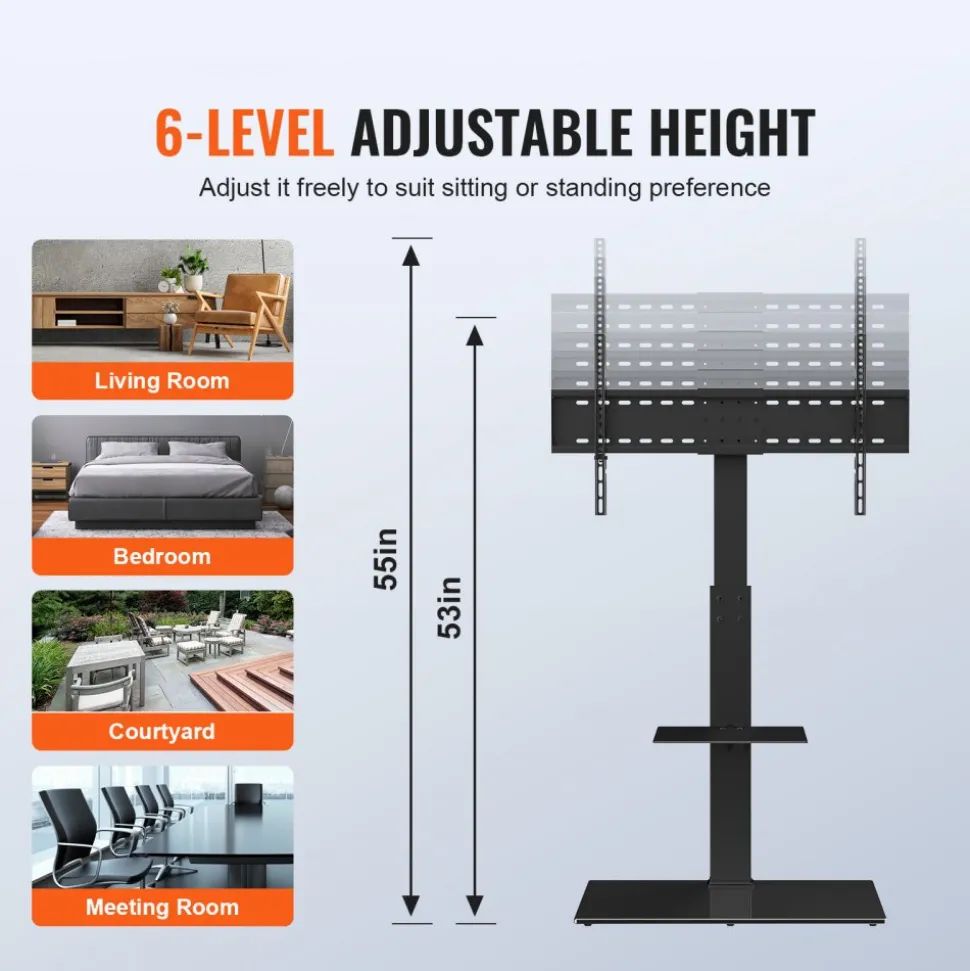 VEVOR TV Stand Mount, Swivel Tall TV Stand for 32 to 85 inch TVs, Height Adjustable Portable Floor TV Stand with Tempered Glass Base for Bedroom, Living Room