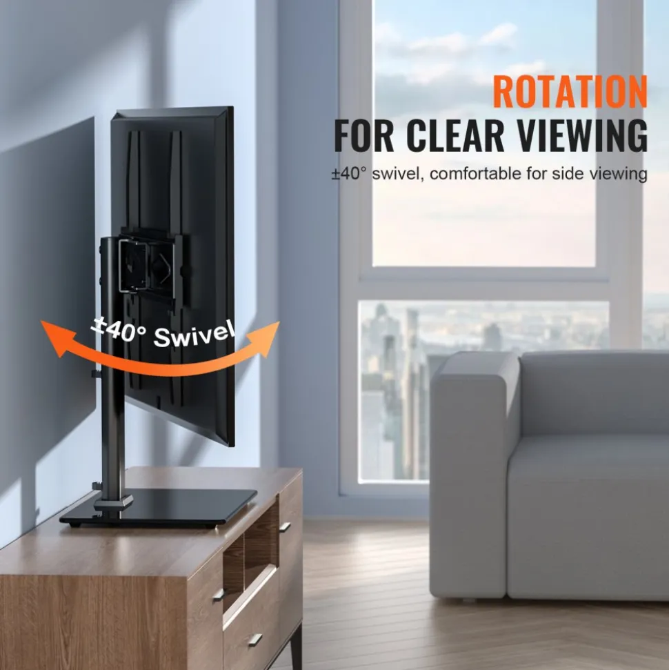 VEVOR TV Stand Mount, Swivel Universal TV Stand for 32 to 55 inch TVs, Height Adjustable Portable Floor TV Stand with Tempered Glass Base for Bedroom, Living Room