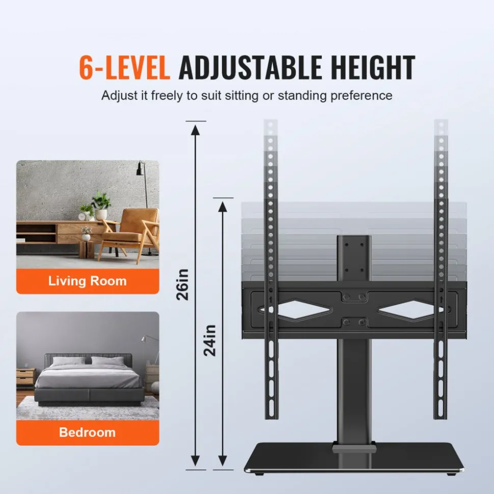 VEVOR TV Stand Mount, Swivel Universal TV Stand for 32 to 55 inch TVs, Height Adjustable Portable Floor TV Stand with Tempered Glass Base for Bedroom, Living Room