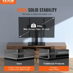 VEVOR TV Stand Mount, Swivel Universal TV Stand for 32 to 55 inch TVs, Height Adjustable Portable Floor TV Stand with Tempered Glass Base for Bedroom, Living Room