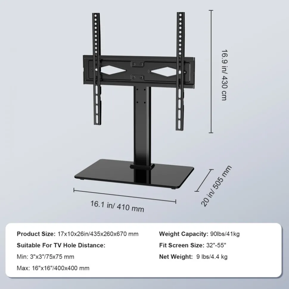 VEVOR TV Stand Mount, Swivel Universal TV Stand for 32 to 55 inch TVs, Height Adjustable Portable Floor TV Stand with Tempered Glass Base for Bedroom, Living Room