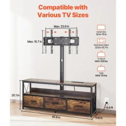 VEVOR 52" TV Stand with Mount for up to 75 in TVs, Entertainment Center with Power Outlet & LED Lights, Height Adjustable TV Console with Mount with 3 Drawers for Bedroom, Living Room, Brown