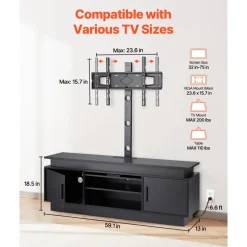 VEVOR 60" TV Stand with Mount for up to 75 in TVs, Entertainment Center with Power Outlet & LED Lights, Height Adjustable TV Console with Mount with 3 Tiers Storage Cabinets for Bedroom, Living Room