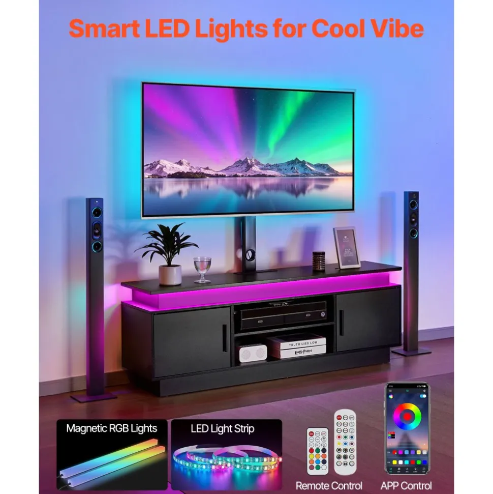 VEVOR 60" TV Stand with Mount for up to 75 in TVs, Entertainment Center with Power Outlet & LED Lights, Height Adjustable TV Console with Mount with 3 Tiers Storage Cabinets for Bedroom, Living Room