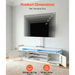 VEVOR TV Stand with Mount, 59.1 Inch, Swivel TV Stand Console with Power Outlet, for 32-75 Inch TVs, Height Adjustable Modern Entertainment Center with Storage & LED Lights, for Living Room, White
