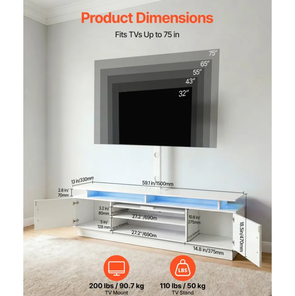 VEVOR TV Stand with Mount, 59.1 Inch, Swivel TV Stand Console with Power Outlet, for 32-75 Inch TVs, Height Adjustable Modern Entertainment Center with Storage & LED Lights, for Living Room, White