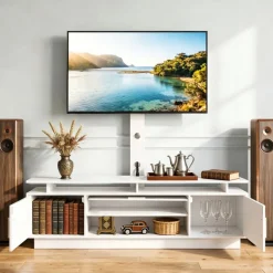 VEVOR TV Stand with Mount, 59.1 Inch, Swivel TV Stand Console with Power Outlet, for 32-75 Inch TVs, Height Adjustable Modern Entertainment Center with Storage & LED Lights, for Living Room, White