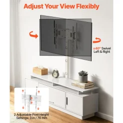 VEVOR TV Stand with Mount, 59.1 Inch, Swivel TV Stand Console with Power Outlet, for 32-75 Inch TVs, Height Adjustable Modern Entertainment Center with Storage & LED Lights, for Living Room, White