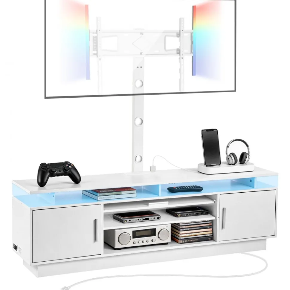 VEVOR TV Stand with Mount, 59.1 Inch, Swivel TV Stand Console with Power Outlet, for 32-75 Inch TVs, Height Adjustable Modern Entertainment Center with Storage & LED Lights, for Living Room, White