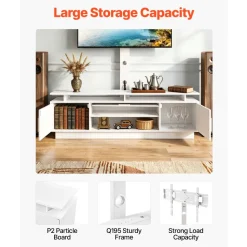 VEVOR TV Stand with Mount, 59.1 Inch, Swivel TV Stand Console with Power Outlet, for 32-75 Inch TVs, Height Adjustable Modern Entertainment Center with Storage & LED Lights, for Living Room, White
