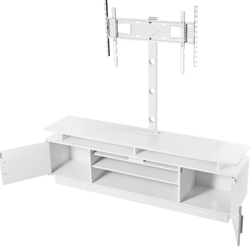VEVOR TV Stand with Mount, 59.1 Inch, Swivel TV Stand Console with Power Outlet, for 32-75 Inch TVs, Height Adjustable Modern Entertainment Center with Storage & LED Lights, for Living Room, White
