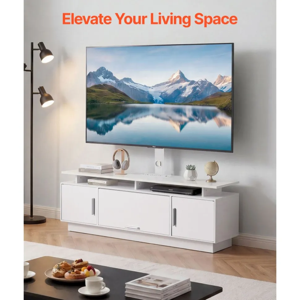 VEVOR TV Stand with Mount, 59.1 Inch, Swivel TV Stand Console with Power Outlet, for 32-75 Inch TVs, Height Adjustable Modern Entertainment Center with Storage & LED Lights, for Living Room, White
