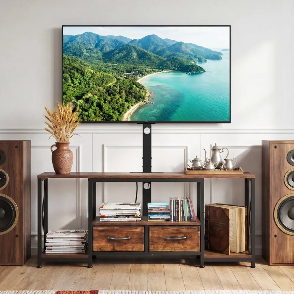 VEVOR TV Stand with Mount, 47.2 Inch, TV Stand Console with Power Outlet & Storage Drawers, for 32-75 Inch TVs, Height Adjustable Entertainment Center with LED Lights, for Living Room, Rustic Brown