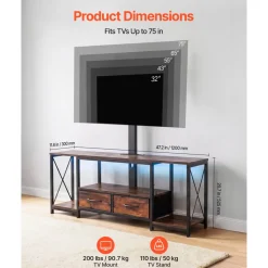 VEVOR TV Stand with Mount, 47.2 Inch, TV Stand Console with Power Outlet & Storage Drawers, for 32-75 Inch TVs, Height Adjustable Entertainment Center with LED Lights, for Living Room, Rustic Brown