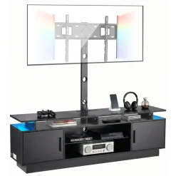 VEVOR TV Stand with Mount, 59.1 Inch, Swivel TV Stand Console with Power Outlet, for 32-75 Inch TVs, Height Adjustable Modern Entertainment Center with Storage & LED Lights, for Living Room, Black