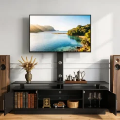VEVOR TV Stand with Mount, 59.1 Inch, Swivel TV Stand Console with Power Outlet, for 32-75 Inch TVs, Height Adjustable Modern Entertainment Center with Storage & LED Lights, for Living Room, Black