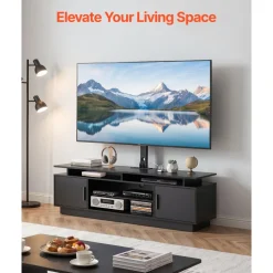 VEVOR TV Stand with Mount, 59.1 Inch, Swivel TV Stand Console with Power Outlet, for 32-75 Inch TVs, Height Adjustable Modern Entertainment Center with Storage & LED Lights, for Living Room, Black