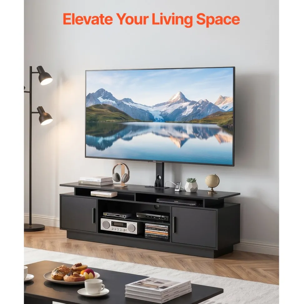 VEVOR TV Stand with Mount, 59.1 Inch, Swivel TV Stand Console with Power Outlet, for 32-75 Inch TVs, Height Adjustable Modern Entertainment Center with Storage & LED Lights, for Living Room, Black