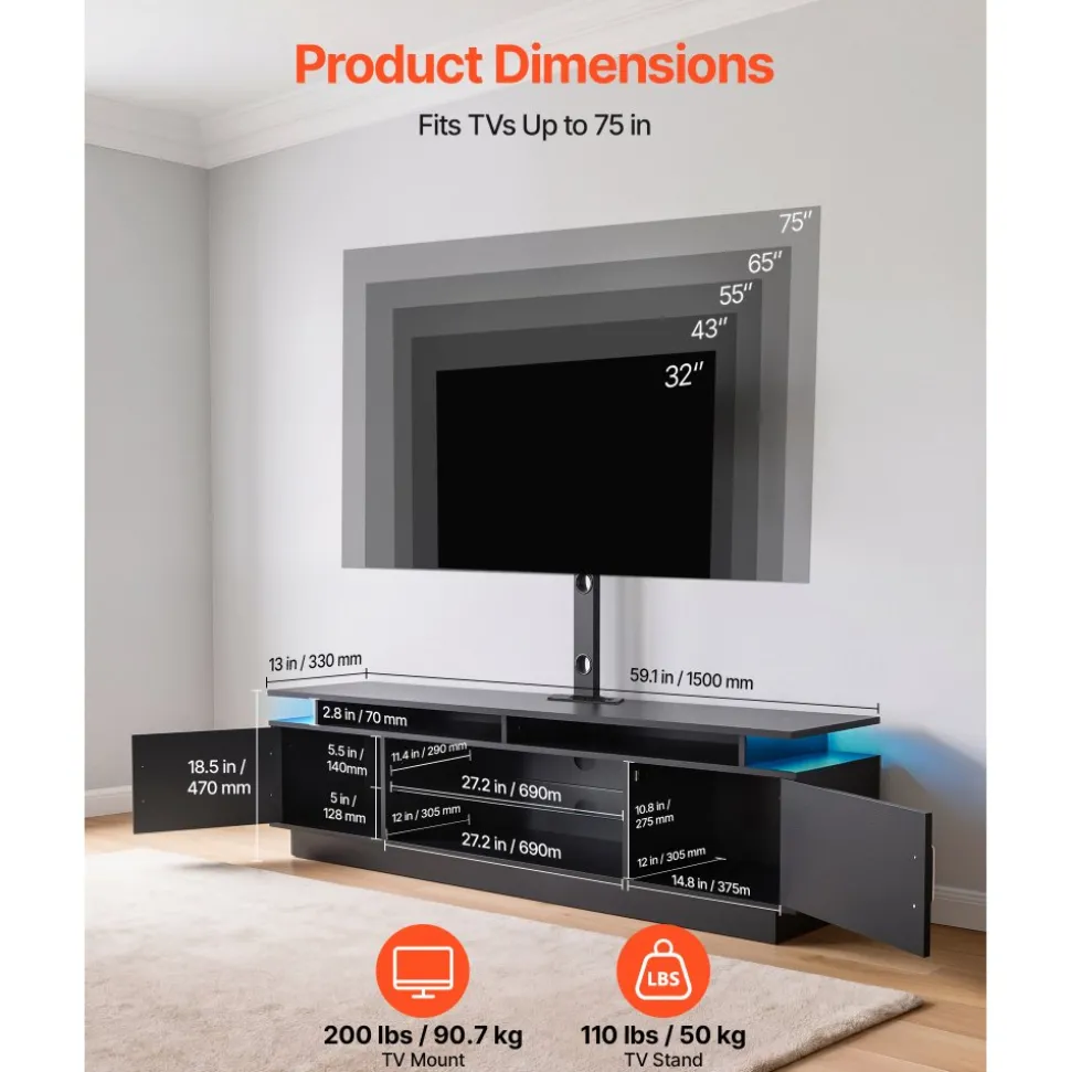 VEVOR TV Stand with Mount, 59.1 Inch, Swivel TV Stand Console with Power Outlet, for 32-75 Inch TVs, Height Adjustable Modern Entertainment Center with Storage & LED Lights, for Living Room, Black