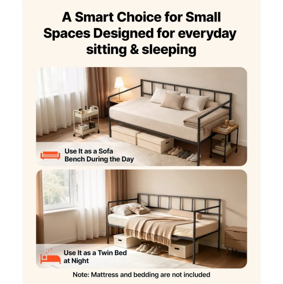 VEVOR Twin Daybed Metal Twin Size Day Bed Frame with Under-Bed Storage, for Living Room Bedroom Guest Room, Space Saving, Heavy-Duty Metal Sofa Bed Support, Easy Assembly, Without Trundle, Black