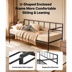 VEVOR Twin Daybed Metal Twin Size Day Bed Frame with Under-Bed Storage, for Living Room Bedroom Guest Room, Space Saving, Heavy-Duty Metal Sofa Bed Support, Easy Assembly, Without Trundle, Black