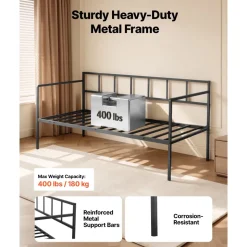 VEVOR Twin Daybed Metal Twin Size Day Bed Frame with Under-Bed Storage, for Living Room Bedroom Guest Room, Space Saving, Heavy-Duty Metal Sofa Bed Support, Easy Assembly, Without Trundle, Black