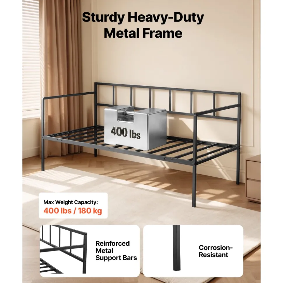 VEVOR Twin Daybed Metal Twin Size Day Bed Frame with Under-Bed Storage, for Living Room Bedroom Guest Room, Space Saving, Heavy-Duty Metal Sofa Bed Support, Easy Assembly, Without Trundle, Black