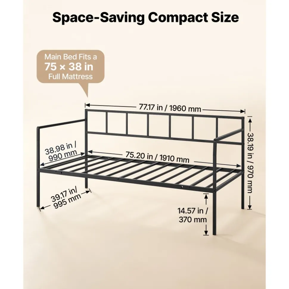 VEVOR Twin Daybed Metal Twin Size Day Bed Frame with Under-Bed Storage, for Living Room Bedroom Guest Room, Space Saving, Heavy-Duty Metal Sofa Bed Support, Easy Assembly, Without Trundle, Black