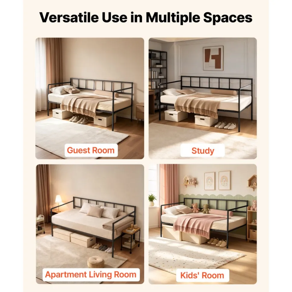 VEVOR Twin Daybed Metal Twin Size Day Bed Frame with Under-Bed Storage, for Living Room Bedroom Guest Room, Space Saving, Heavy-Duty Metal Sofa Bed Support, Easy Assembly, Without Trundle, Black