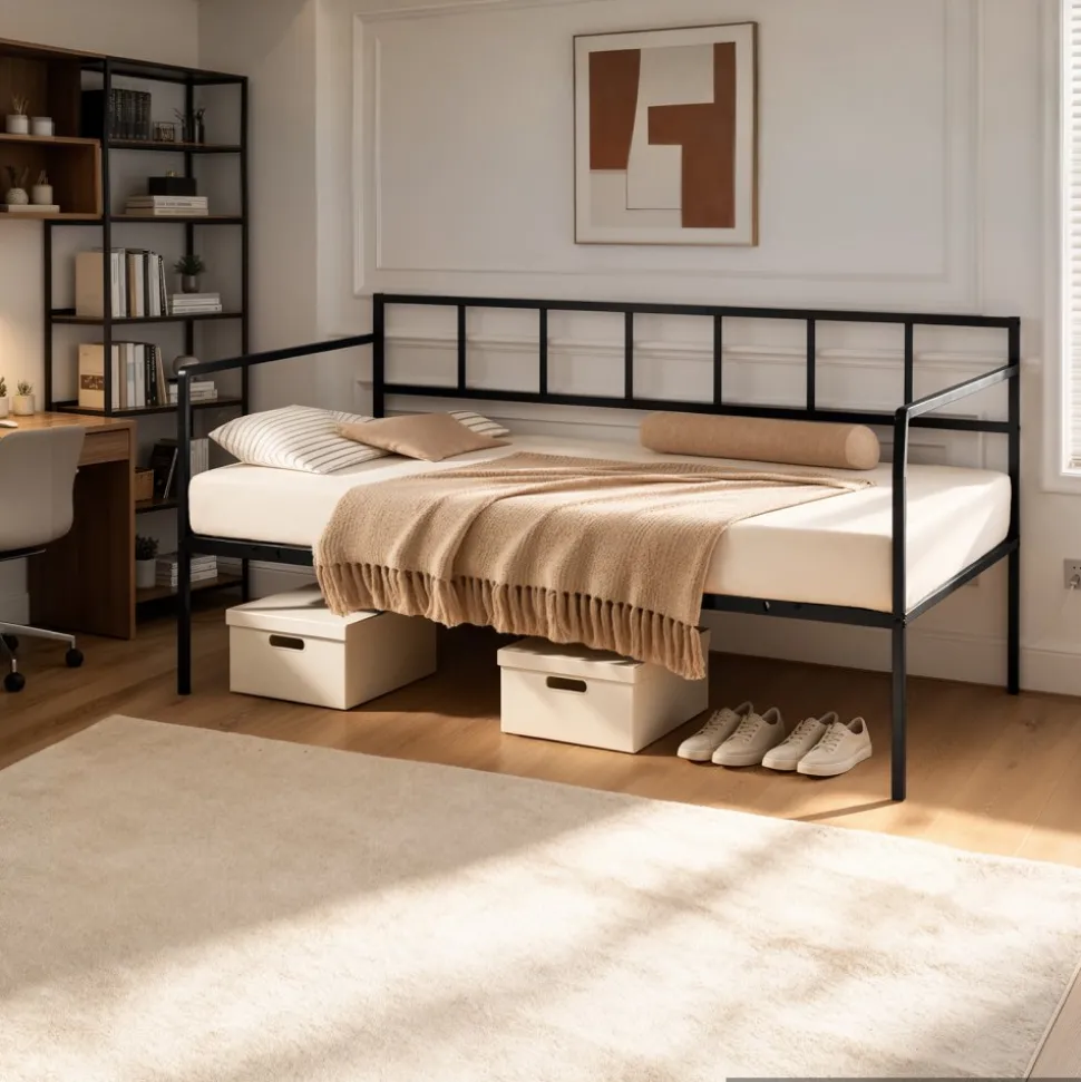 VEVOR Twin Daybed Metal Twin Size Day Bed Frame with Under-Bed Storage, for Living Room Bedroom Guest Room, Space Saving, Heavy-Duty Metal Sofa Bed Support, Easy Assembly, Without Trundle, Black