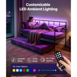 VEVOR Twin Daybed with Pop Up Trundle Metal Charging Station LED Light, for Living Room Bedroom Guest Room, Heavy Duty Twin Size Sofa Day Bed Frame, Height Adjustable, with Lockable Casters, Black