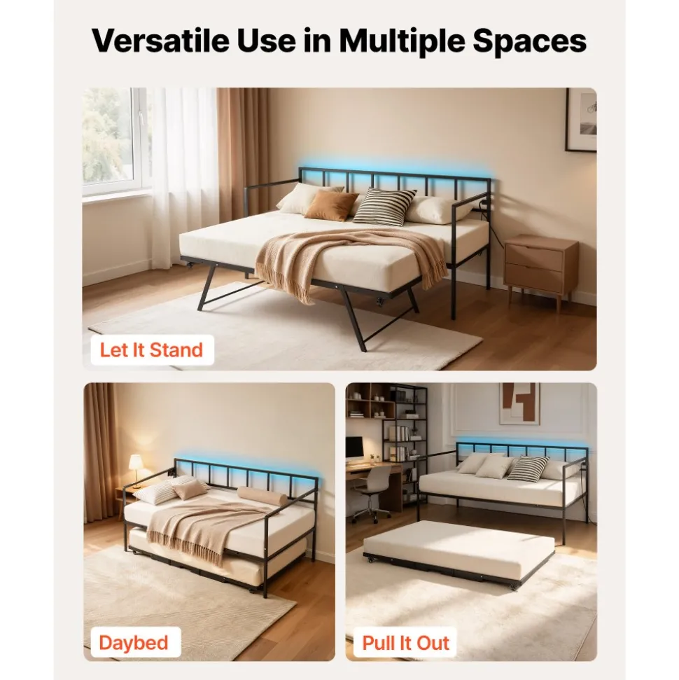 VEVOR Twin Daybed with Pop Up Trundle Metal Charging Station LED Light, for Living Room Bedroom Guest Room, Heavy Duty Twin Size Sofa Day Bed Frame, Height Adjustable, with Lockable Casters, Black