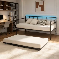 VEVOR Twin Daybed with Pop Up Trundle Metal Charging Station LED Light, for Living Room Bedroom Guest Room, Heavy Duty Twin Size Sofa Day Bed Frame, Height Adjustable, with Lockable Casters, Black