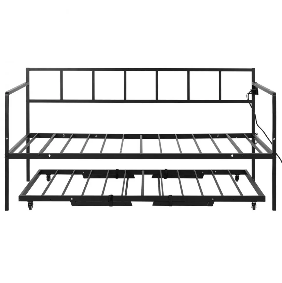 VEVOR Twin Daybed with Pop Up Trundle Metal Charging Station LED Light, for Living Room Bedroom Guest Room, Heavy Duty Twin Size Sofa Day Bed Frame, Height Adjustable, with Lockable Casters, Black