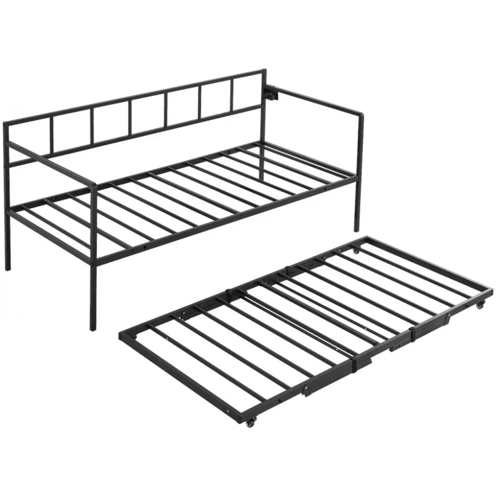 VEVOR Twin Daybed with Pop Up Trundle Metal Charging Station LED Light, for Living Room Bedroom Guest Room, Heavy Duty Twin Size Sofa Day Bed Frame, Height Adjustable, with Lockable Casters, Black