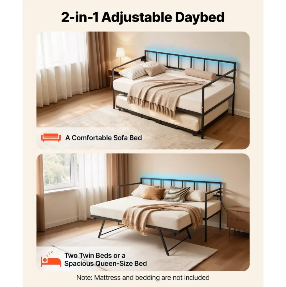 VEVOR Twin Daybed with Pop Up Trundle Metal Charging Station LED Light, for Living Room Bedroom Guest Room, Heavy Duty Twin Size Sofa Day Bed Frame, Height Adjustable, with Lockable Casters, Black